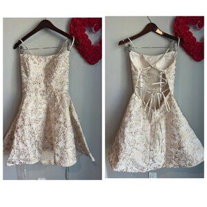 B Darlin Juniors 15/16  Lace-Up Floral Embroidered Jacquard A-Line Dress Gold